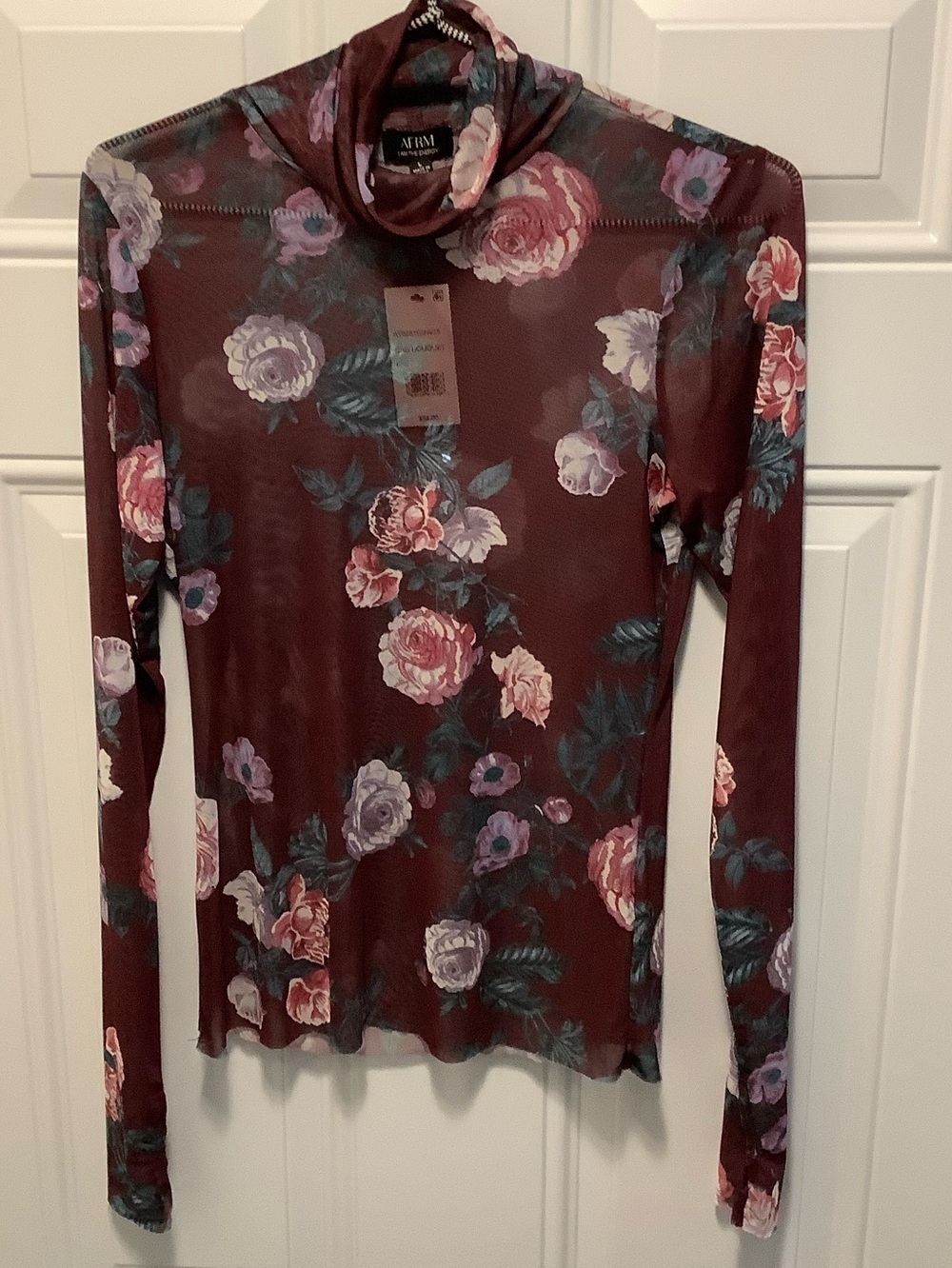 AFRM| NWT Zadie Top Sz L Sheer Dark Floral Edgy Turtleneck Raw Hem Cab Bouquet